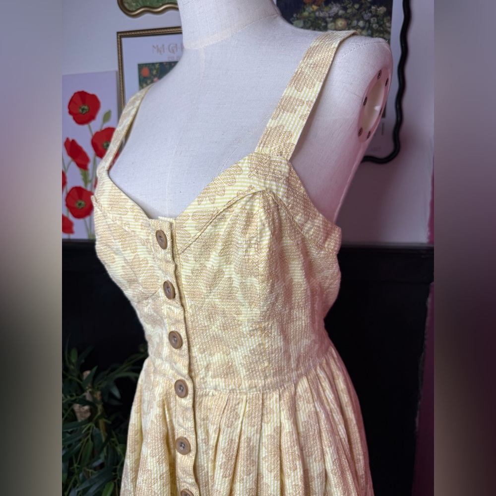 Maeve by Anthropologie Cotton Yellow Seersucker Button-Front Cafe Dress Sz 6 - Picture 4 of 13